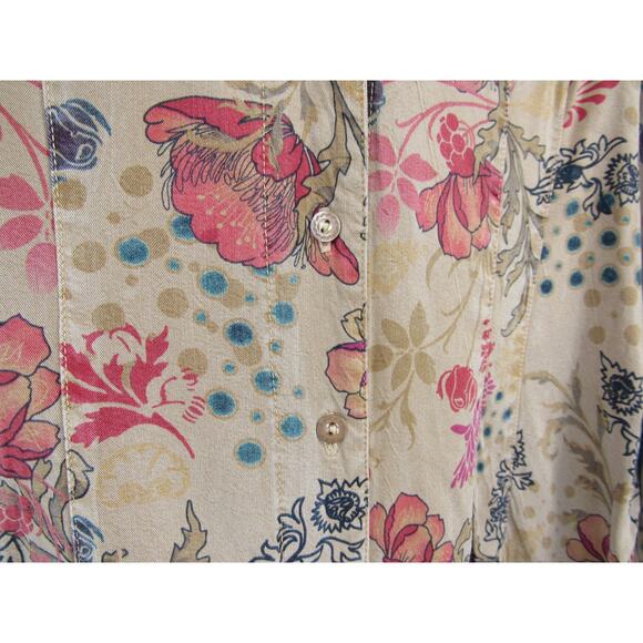 Tianello Medium Women's Tan Floral Printed Button Up Long Sleeve Blouse - Picture 7 of 9